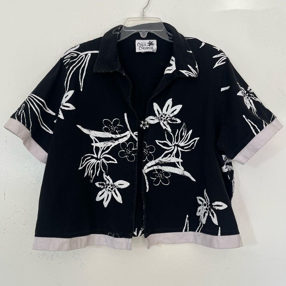 Copa Cabana Vintage Aloha Shirt Women's 1X Black White Hawaiian Tiki Made in USA